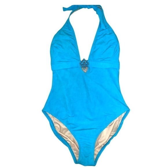 Magic Suit Blue Hlater Neck Rhinestone One Piece Swimsuit Size 12 - Picture 1 of 8